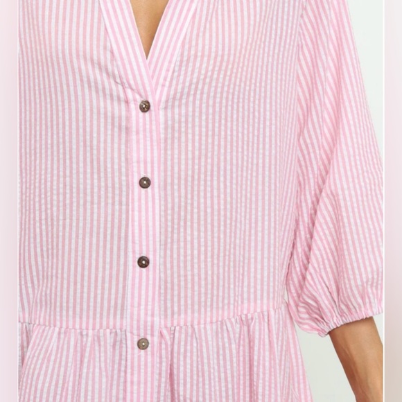 Petal & Pup Astro Pink Stripe Seersucker Babydoll Button Down Flowy Dress - Picture 3 of 14